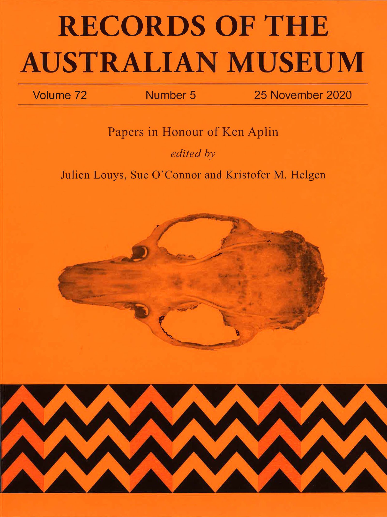 Cover image of Records of the Australian Museum Louys, O’Connor & Helgen. 2020. Rec. Aust. Mus. 72(5). Image includes the skull of Rattus detentus.