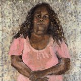 Aunty Mon portrait for <i>Barka: The Forgotten River</i> exhibition. Oil paint on found tin by Justine Muller.