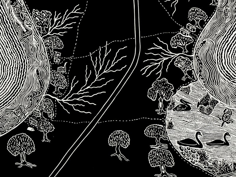 Print 'Mission, Mob, Bend Mob', paper, Badger Bates, New South Wales, Australia