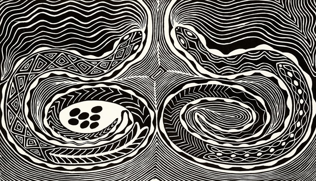 Print, 'Ngatyi Yarilana (Rainbow Serpents having young)', paper, Badger Bates, 2007, New South Wales, Australia