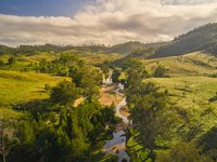 Aerial landscape of river between mountains