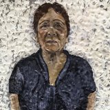 Aunty June portrait for <i>Barka: The Forgotten River</i> exhibition. Oil paint on found tin by Justine Muller.