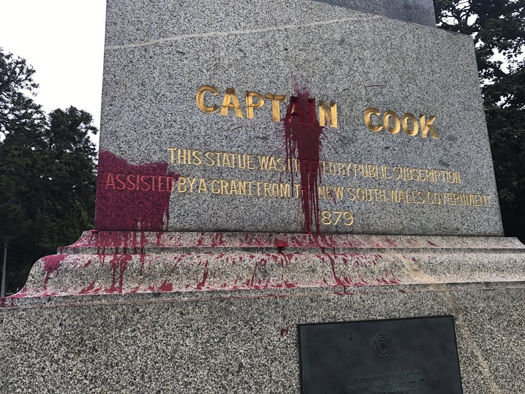 Captain Cook statue in Hyde Park, Sydney, graffitied on 25 January, 2017.