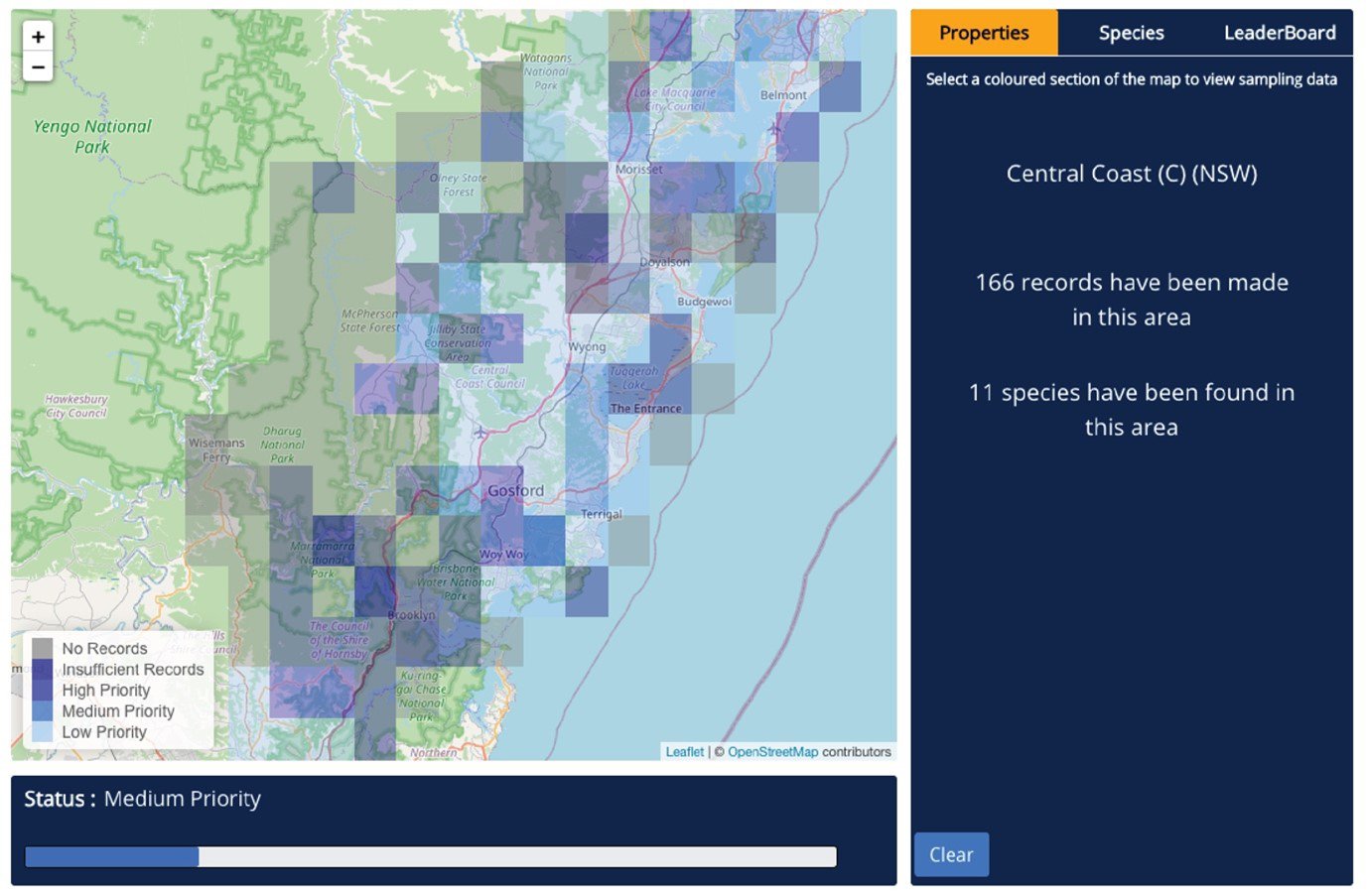 Example of a FrogID Priority Area Map for the Central Coast Local Government Area. Maps were interactive, allowing an investigation of FrogID records in each grid cell. Grey cells had no FrogID records, dark blue had insufficient FrogID records to know wh