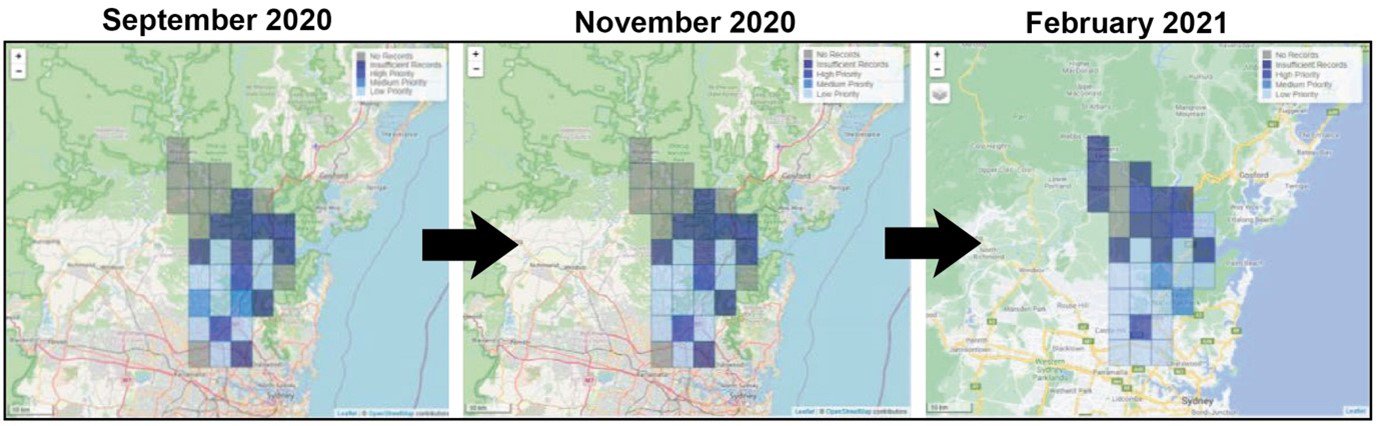 The FrogID Priority Map for the Hornsby Local Government Area over time. Over the course of the year, we saw many underrepresented areas get the attention they deserve through the efforts of FrogID participants, with increasingly fewer cells with no FrogI