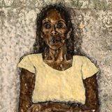 Tammy portrait for <i>Barka: The Forgotten River</i> exhibition. Oil paint on found tin by Justine Muller.