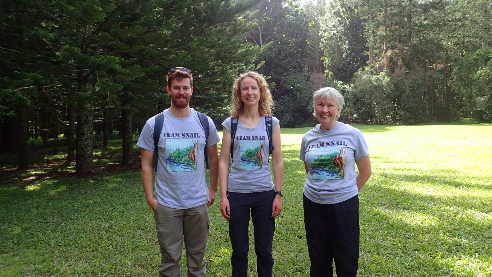 Image of Team Snail on Norfolk Island. Andrew Daly, Isabel Hyman and Mandy Reid on Norfolk Island.