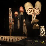 These sacred hats or upes are worn by young male initiates in Bougainville to protect, contain and shape their growing hair throughout their long initiation. Initiation begins when the boys are 10 years old and are sent to live together in a secluded area in the forest.