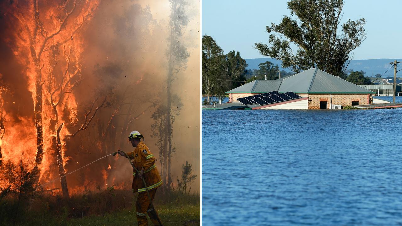 A bushfire and house hit by floods