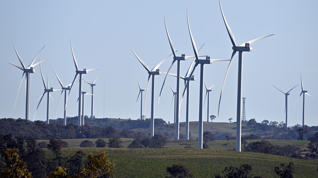 Windmill turbines are seen on 50km south of Goulburn, NSW