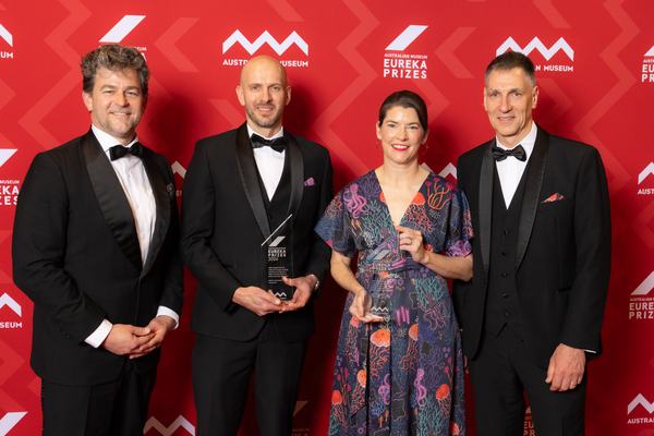 2026 Eureka Prizes - Awards Ceremony - Marine Heatwave Forecasts. Winners of the Eureka Prize for Environmental Research on the red media wall