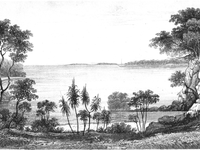 This is the frontispiece from Volume 1 of Phillip Parker King's Narrative of a survey of the intertropical and western coasts of Australia (1827). It is entitled "View in Raffles Bay, with Croker's Island in the distance