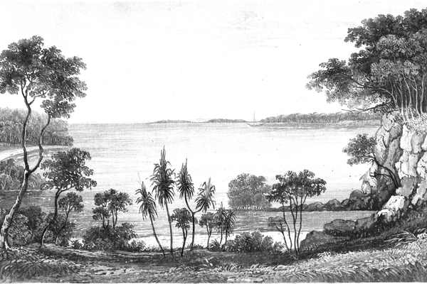 This is the frontispiece from Volume 1 of Phillip Parker King's Narrative of a survey of the intertropical and western coasts of Australia (1827). It is entitled "View in Raffles Bay, with Croker's Island in the distance