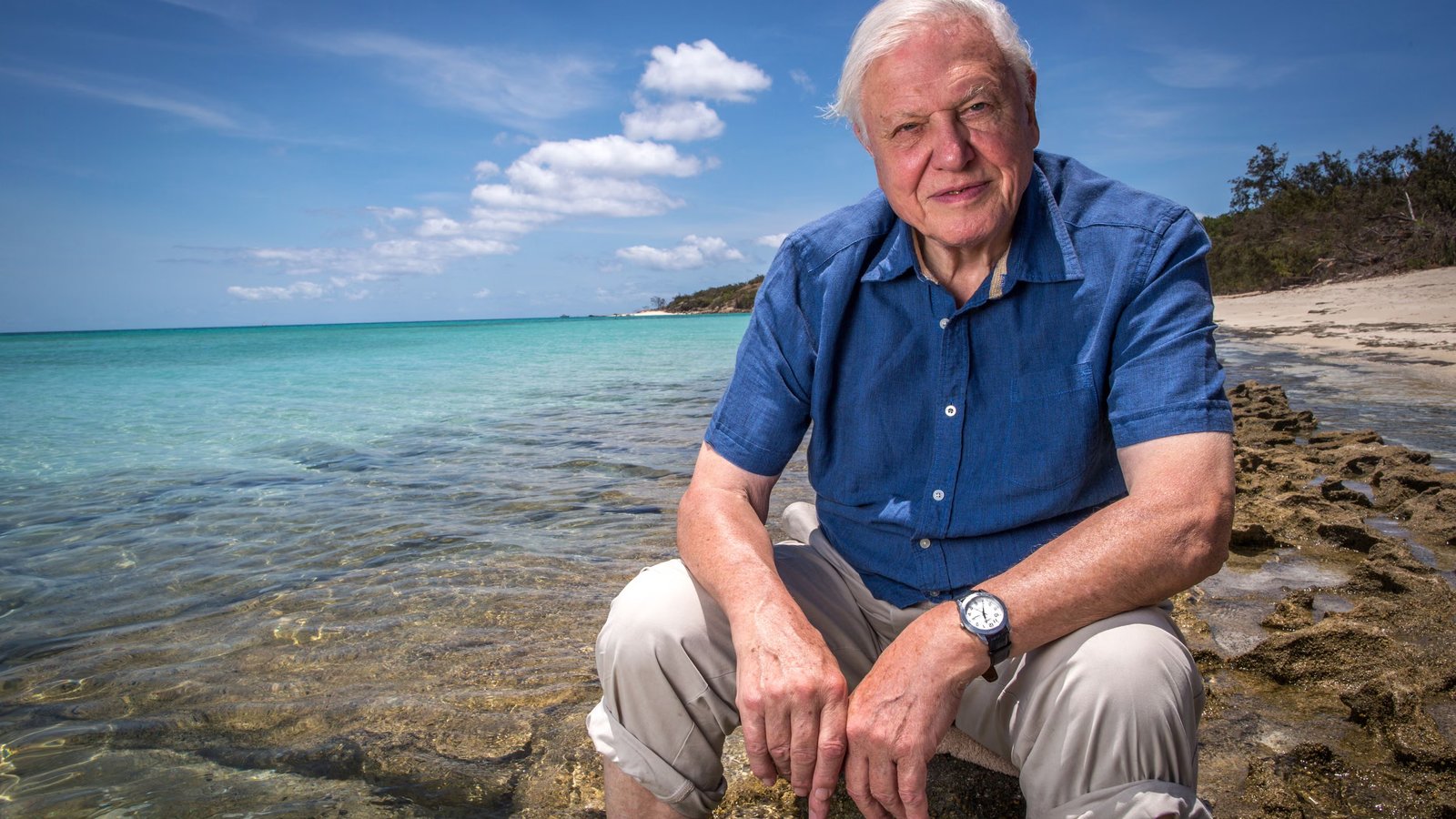 Sir David Attenborough seated on a rock at the Great Barrier Reef, circa 2015.