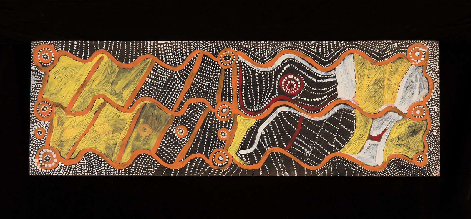 First Nations painting featuring flowing orange outlined forms over a dense white dot pattern.
