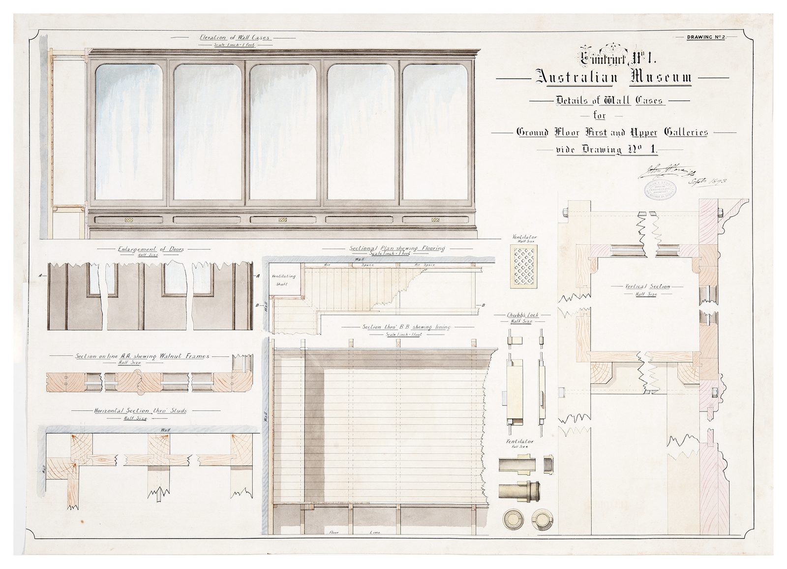 A hand-coloured architectural drawing showing elevation and section details of cases for the museum