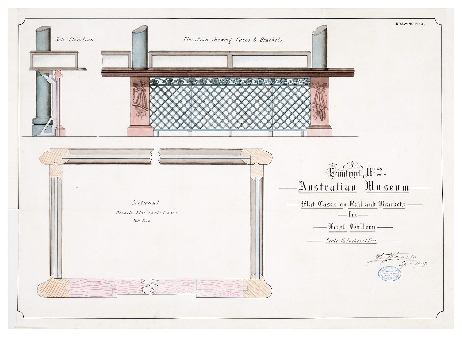 A hand-coloured architectural drawing showing elevation and section details of flat display cases
