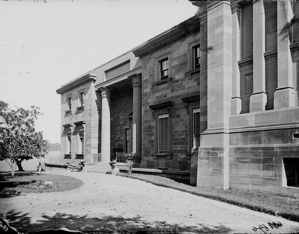 A black and white photograph of the Australian Museum's sandstone facade in 1846