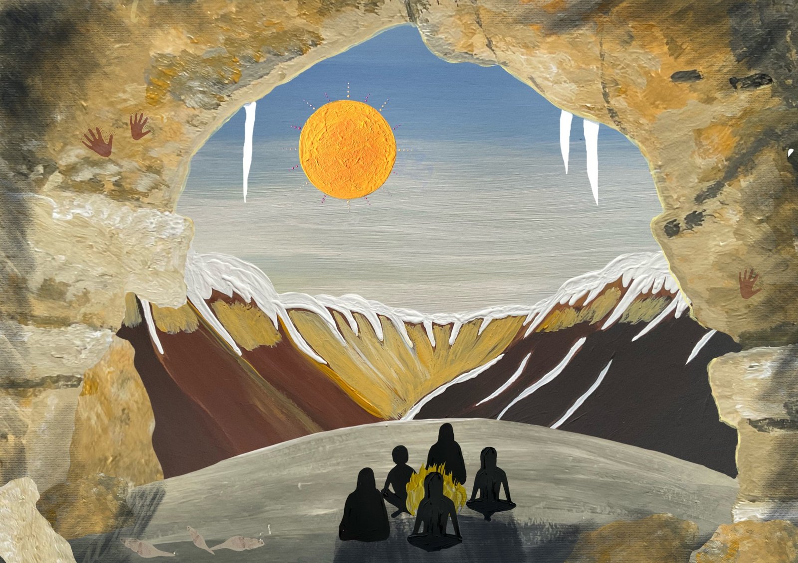Artist impression of the ancient ice age cave. Painting by Dharug artist Leanne Redpath Watson.