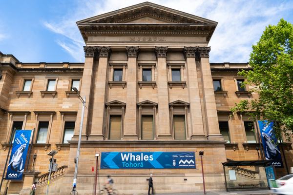 Australian Museum exterior with Whales | Tohora signage