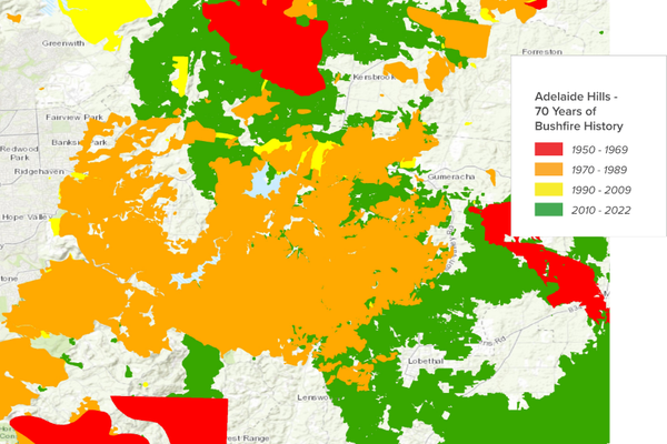 70 years of bushfire history in the Adelaide Hills on a map of the area.