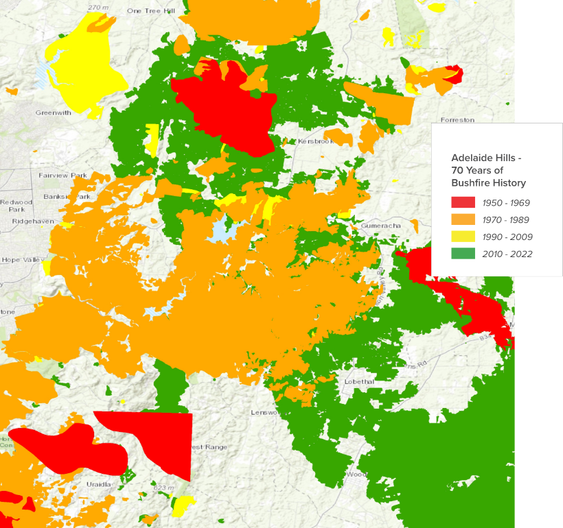 70 years of bushfire history in the Adelaide Hills on a map of the area.