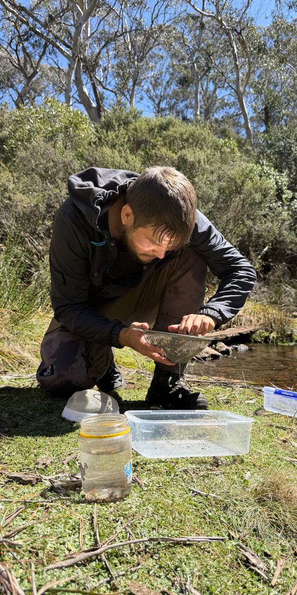 Christoph Hoepel (AM) sieving aquatic invertebrates (Bryan Lessard)