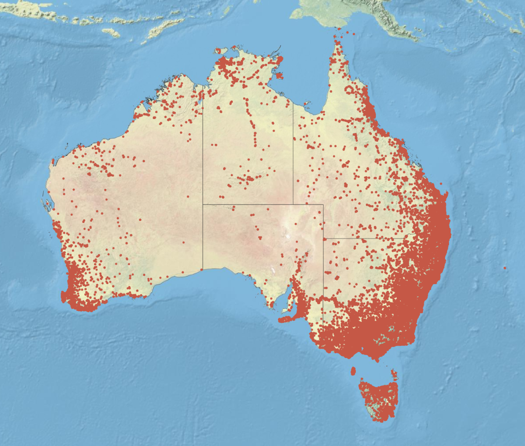 Map of Australia with red dots indicating records of frog calls.