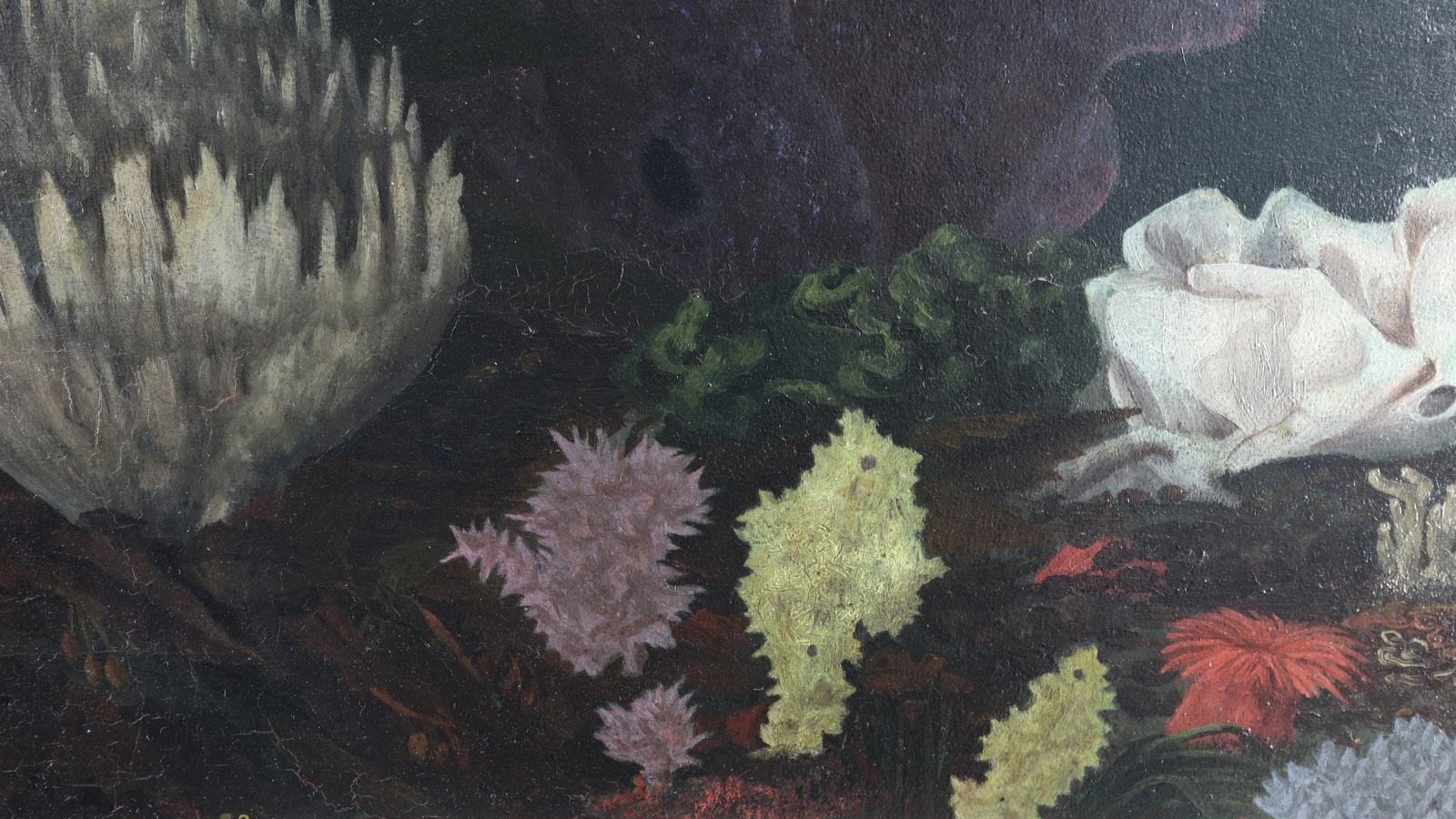 Close-up photograph of a colourful painting of corals and other sea life.