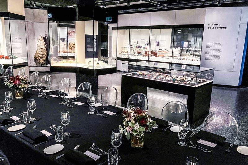 A long table set for a formal dinner with plates, glasses, and flowers in a museum minerals gallery.