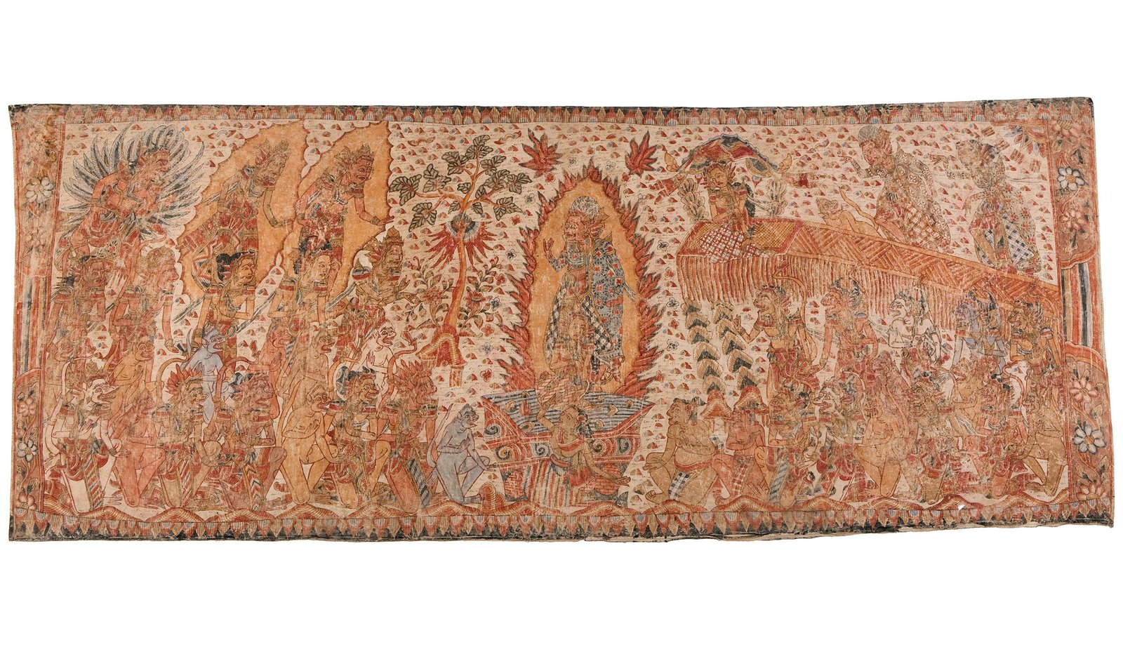 Large Balinese cloth painting depicting a crowded narrative scene with deities, warriors and figure.