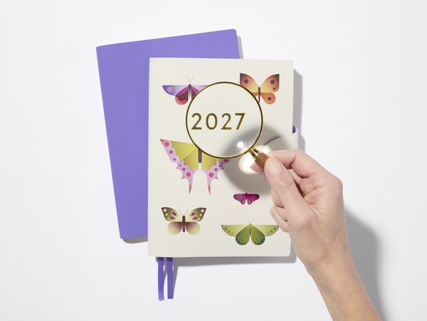 Hand holds magnifying glass over 2027 diary cover featuring illustrated butterflies and moths, purple notebook underneath.