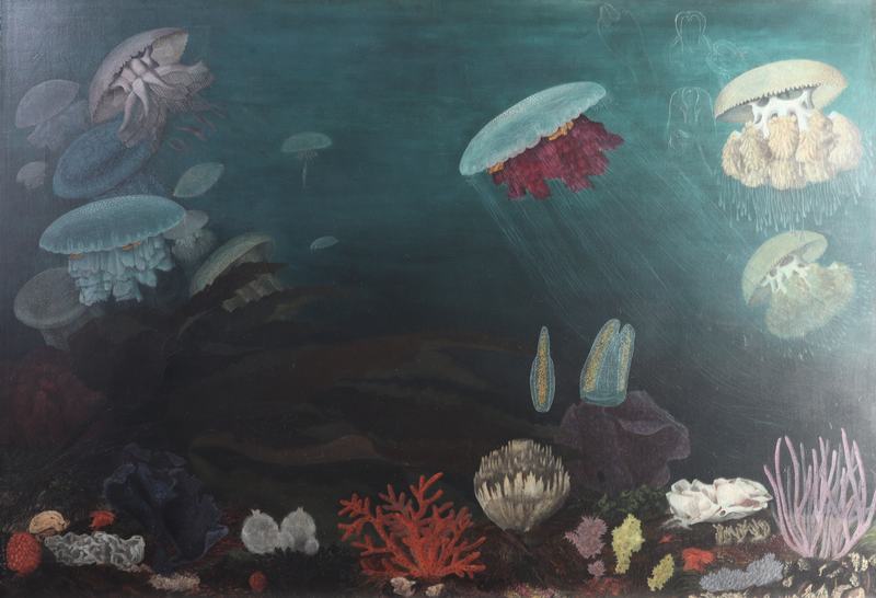 Photograph of a large colourful painting of jellyfish and corals.
