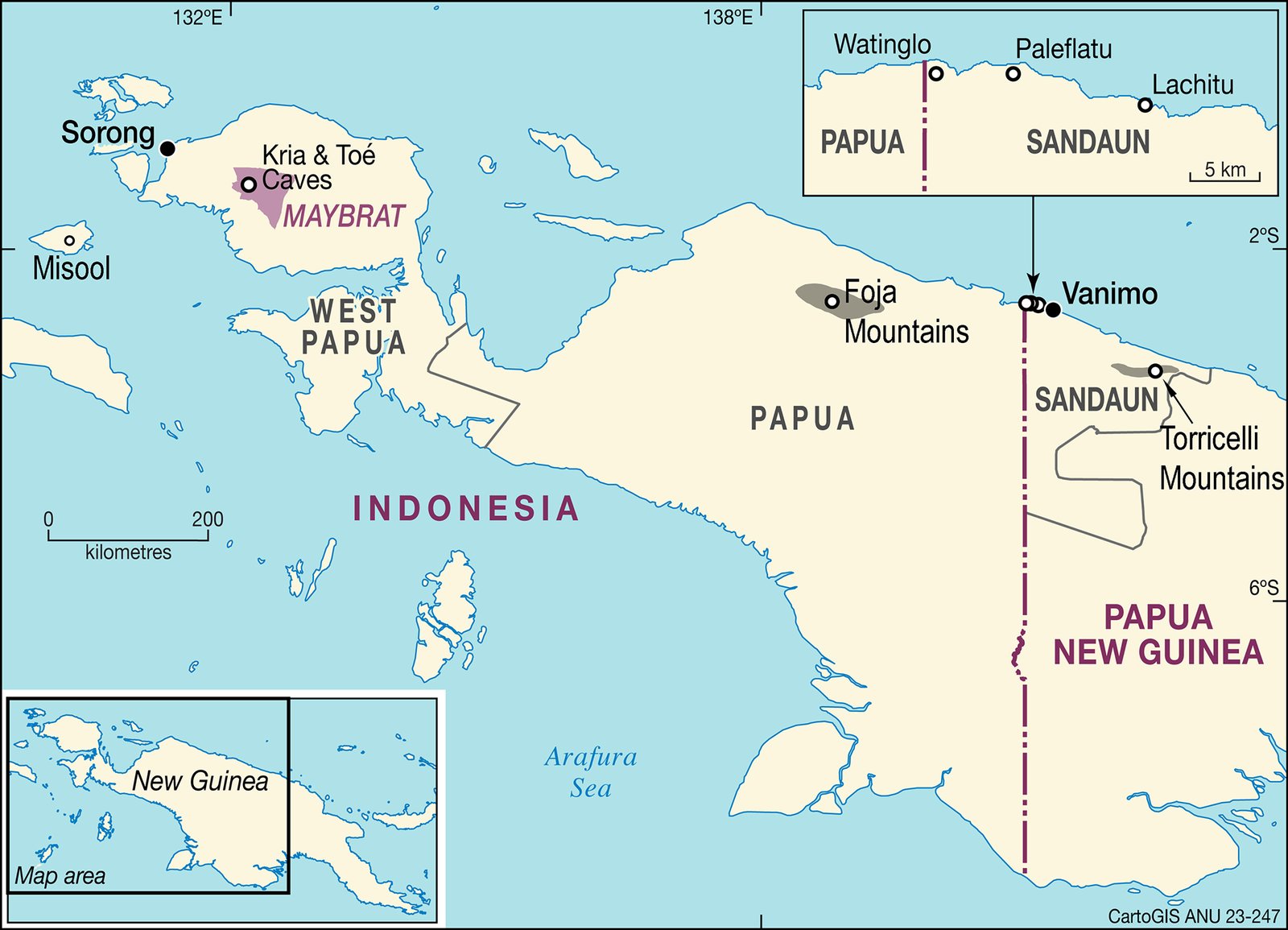 Map of the area where the Ring-tailed Glider (Tous ayamaruensis) is found.