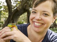 FrogID Lead Scientist Dr Jodi Rowley with Red Eye Tree Frog.