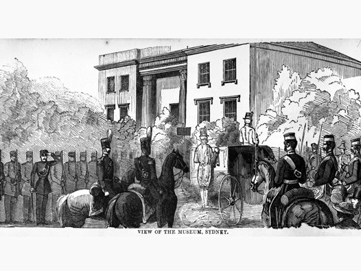 A black and white illustration of horse-drawn carriages and uniformed figures outside the museum