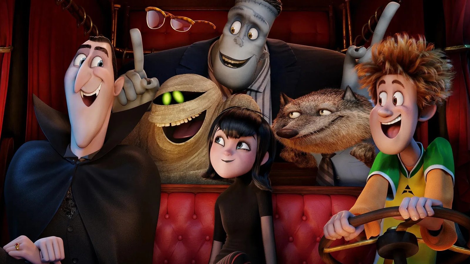 A still from Hotel Transylvania, with Count Dracula and his friends in a car.
