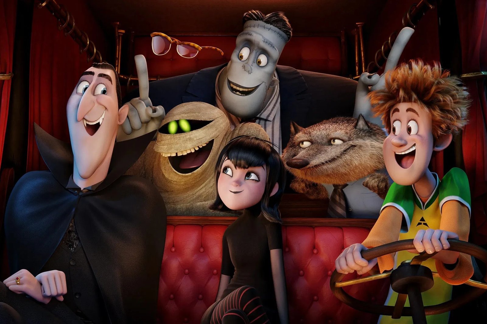 A still from Hotel Transylvania, with Count Dracula and his friends in a car.