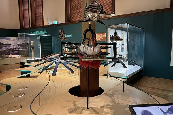 Triple hammerhead shark headdress by Ken Thaiday Snr in the Garrigarrang exhibition