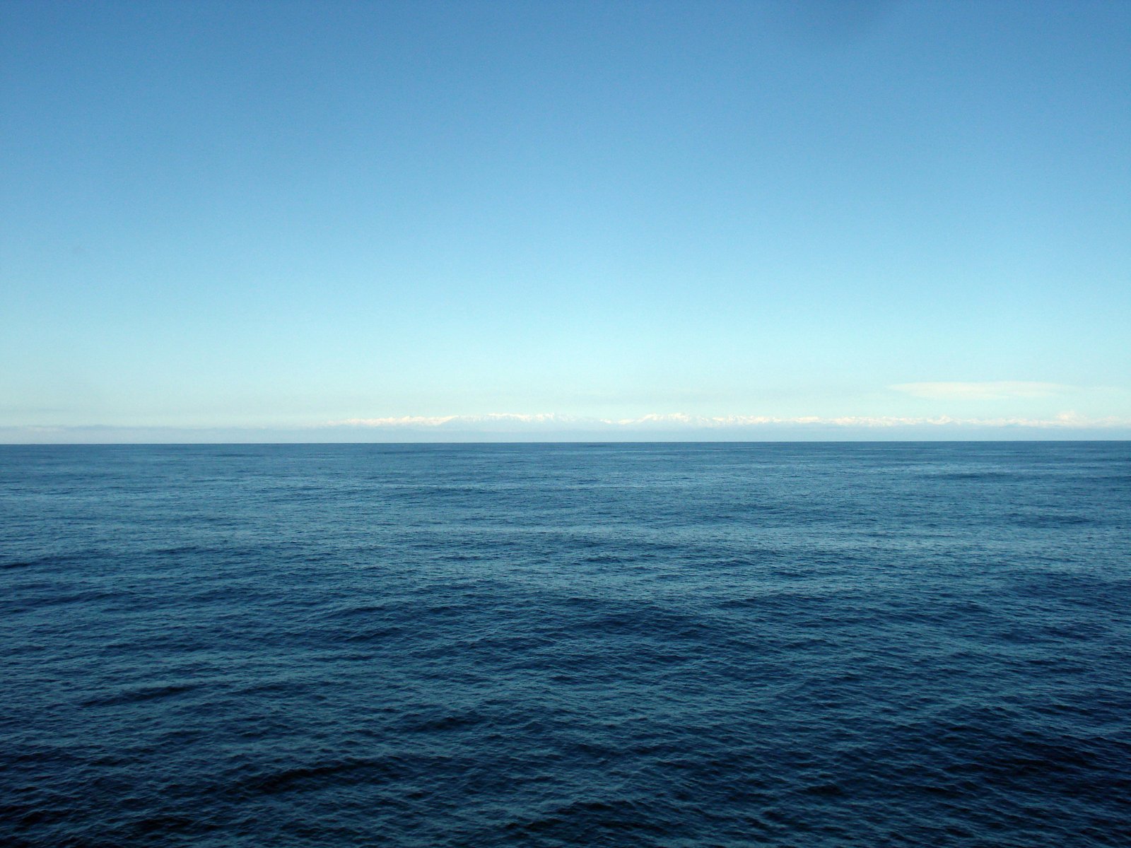 Still Pacific Ocean with a line of clouds on the horizon and soft blue sky above.