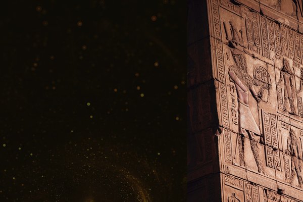 Ramses programs banner: detail of hieroglyphs in Karnak, Luxor Egypt