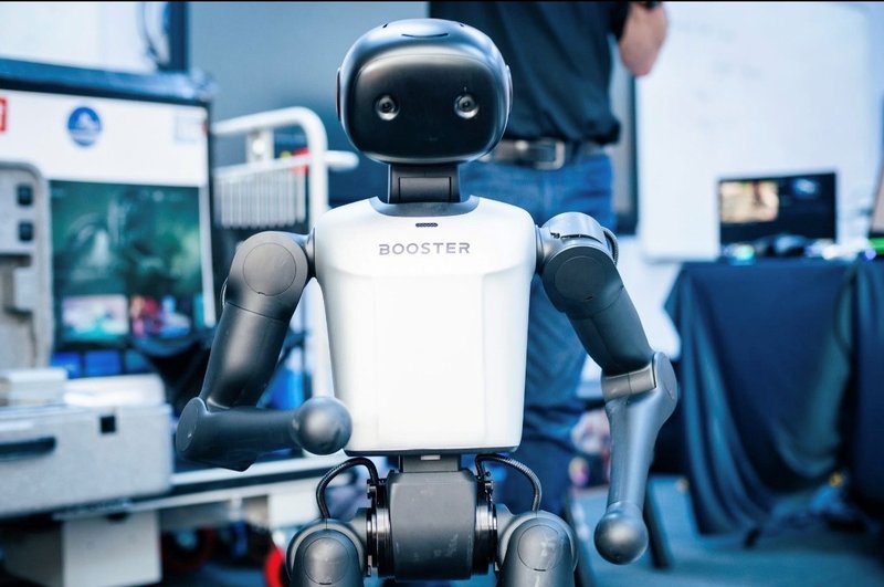 A Booster humanoid robot stands in a science expo setting