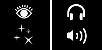 Accessibility icons for sensory content: visual, lights, and noise-reducing headphones
