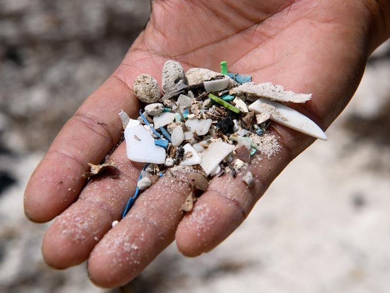 Plastic debris is seen washed up on the shoreline