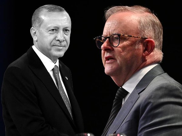A composite image of Recip Tayyip Erdogan and Anthony Albanese