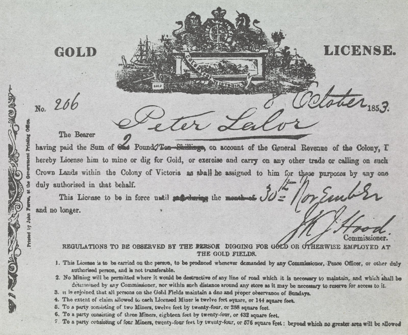Copy of Peter Lalor’s gold licence