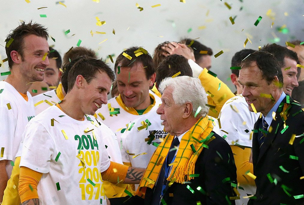 Frank Lowy celebrating with the socceroos