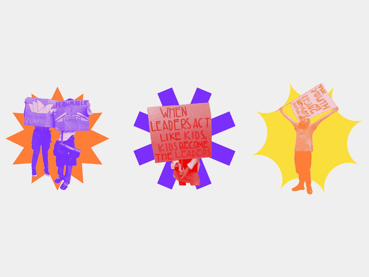 Three silhouetted young protesters holding climate action signs at a rally