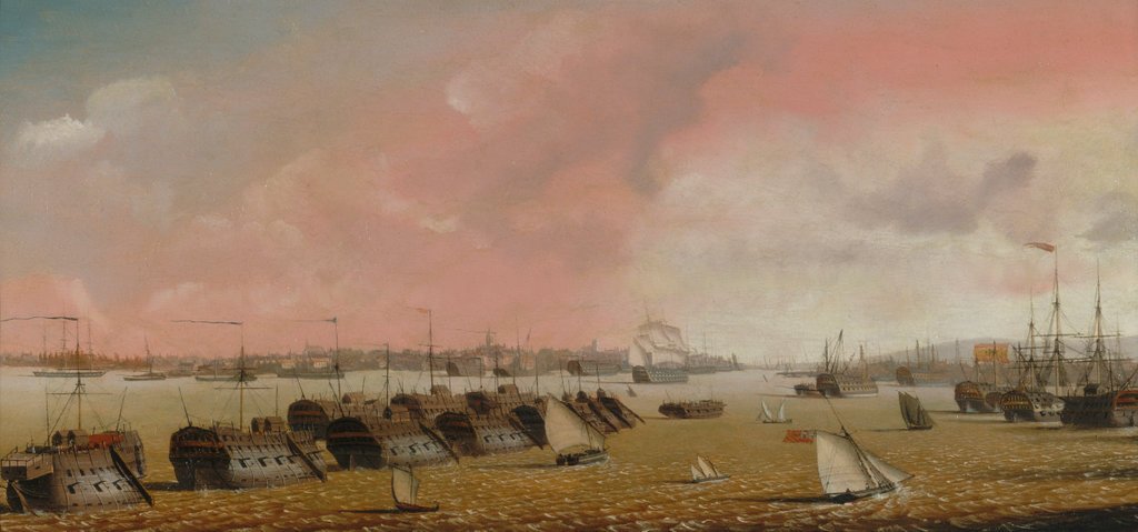 Colour painting of a harbour, with prison ships forming a diagonal across the image from the left.