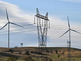 Power-generating windmill turbines and electricity pylons (file image)